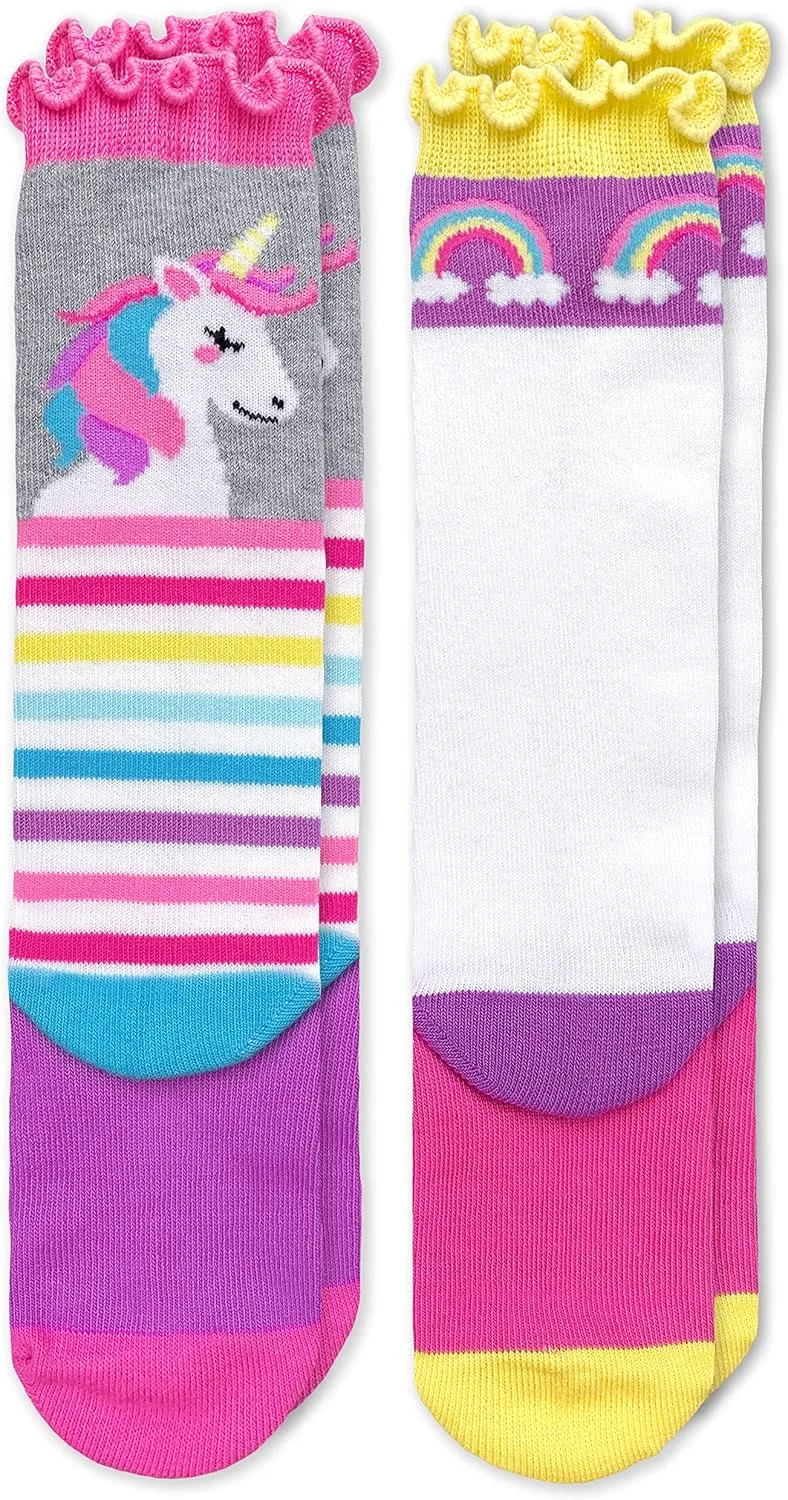 Jefferies Socks Girls' Unicorn Rainbow Stripe Ruffle Knee High Socks 2 Pack