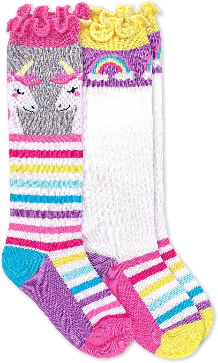 Jefferies Socks Girls' Unicorn Rainbow Stripe Ruffle Knee High Socks 2 Pack