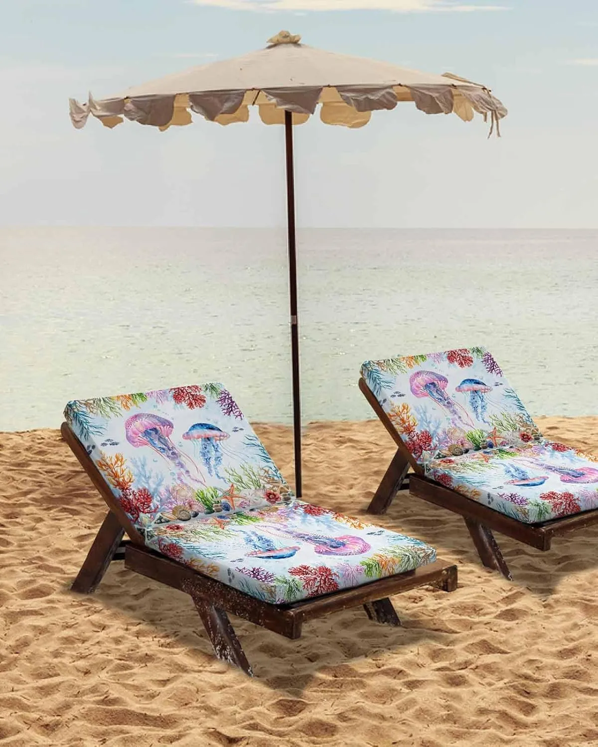 Jellyfish Coastal Outdoor Cushion Chair Cover Set of 2 - Waterproof Couch Seat Covers, Blue Nautical Summer Beach Ocean Patio Furniture Protector Cushions Slipcovers for Sofa/RV, 22"x22"x4"