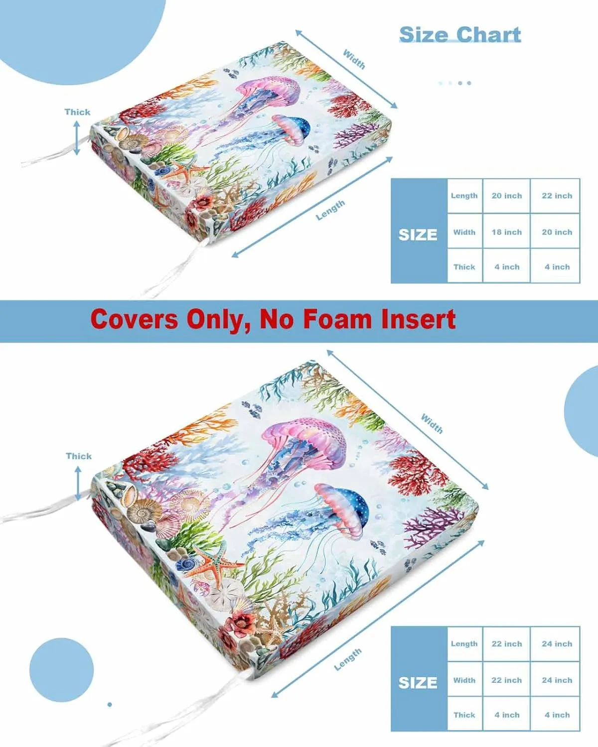 Jellyfish Coastal Outdoor Cushion Chair Cover Set of 2 - Waterproof Couch Seat Covers, Blue Nautical Summer Beach Ocean Patio Furniture Protector Cushions Slipcovers for Sofa/RV, 22"x22"x4"