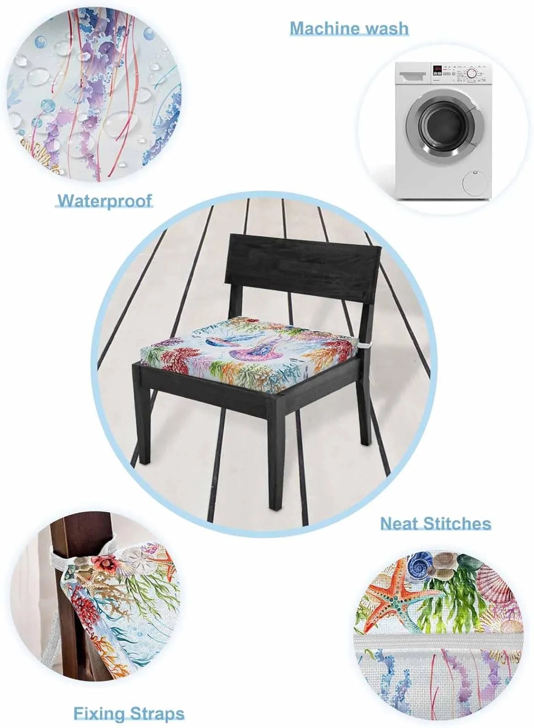 Jellyfish Coastal Outdoor Cushion Chair Cover Set of 2 - Waterproof Couch Seat Covers, Blue Nautical Summer Beach Ocean Patio Furniture Protector Cushions Slipcovers for Sofa/RV, 22"x22"x4"