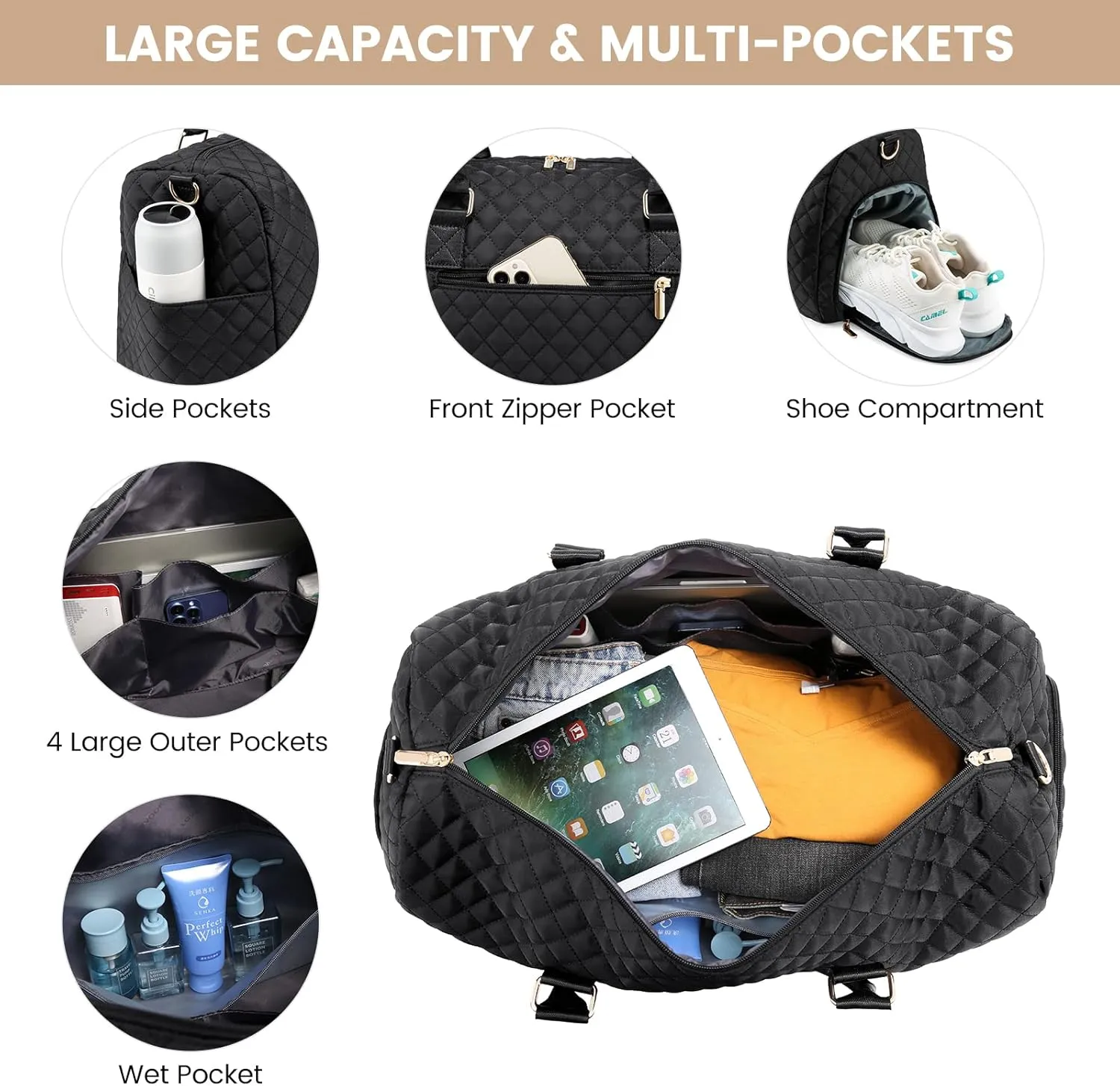 JFFD Travel Duffle Bag, Weekender Bag for Women, Carry on Overnight Bag with Shoe Compartment, Gym Duffel Bag with Wet Pocket, Mommy Hospital Bags for Labor and Delivery 3PCS