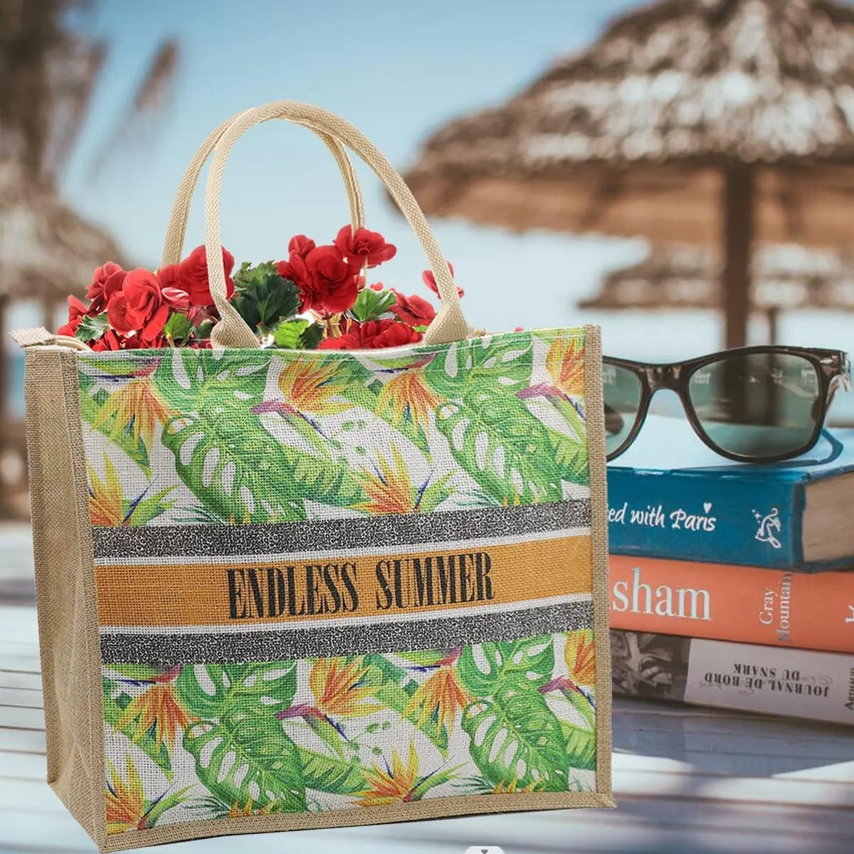 JNF Straw Beach Bag Jute Beach Tote Bags for Women Burlap Tote Bag with Zipper Reusable Grocery Shopping Bag with Handle