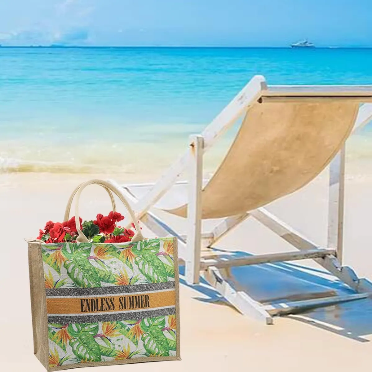 JNF Straw Beach Bag Jute Beach Tote Bags for Women Burlap Tote Bag with Zipper Reusable Grocery Shopping Bag with Handle