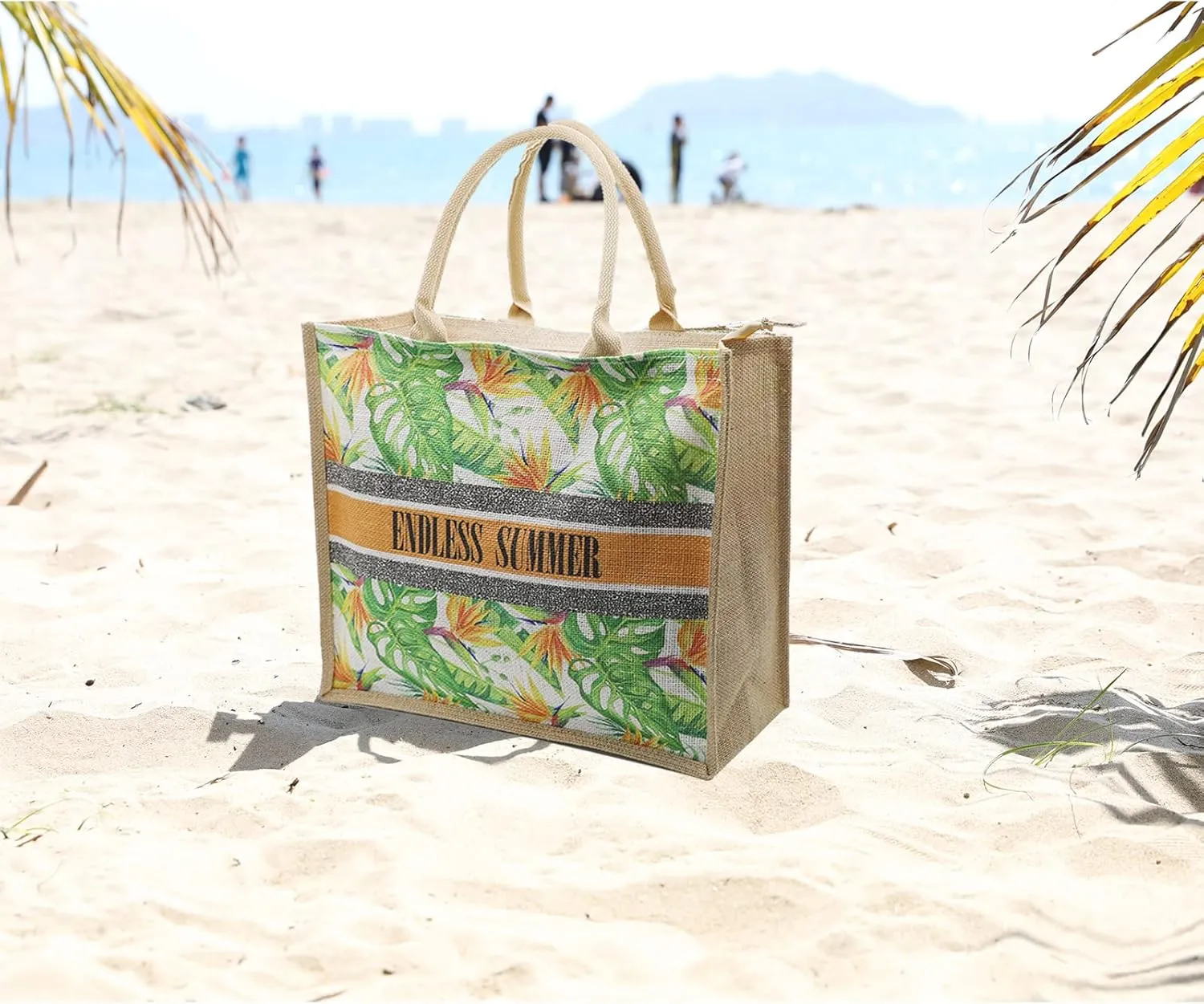 JNF Straw Beach Bag Jute Beach Tote Bags for Women Burlap Tote Bag with Zipper Reusable Grocery Shopping Bag with Handle