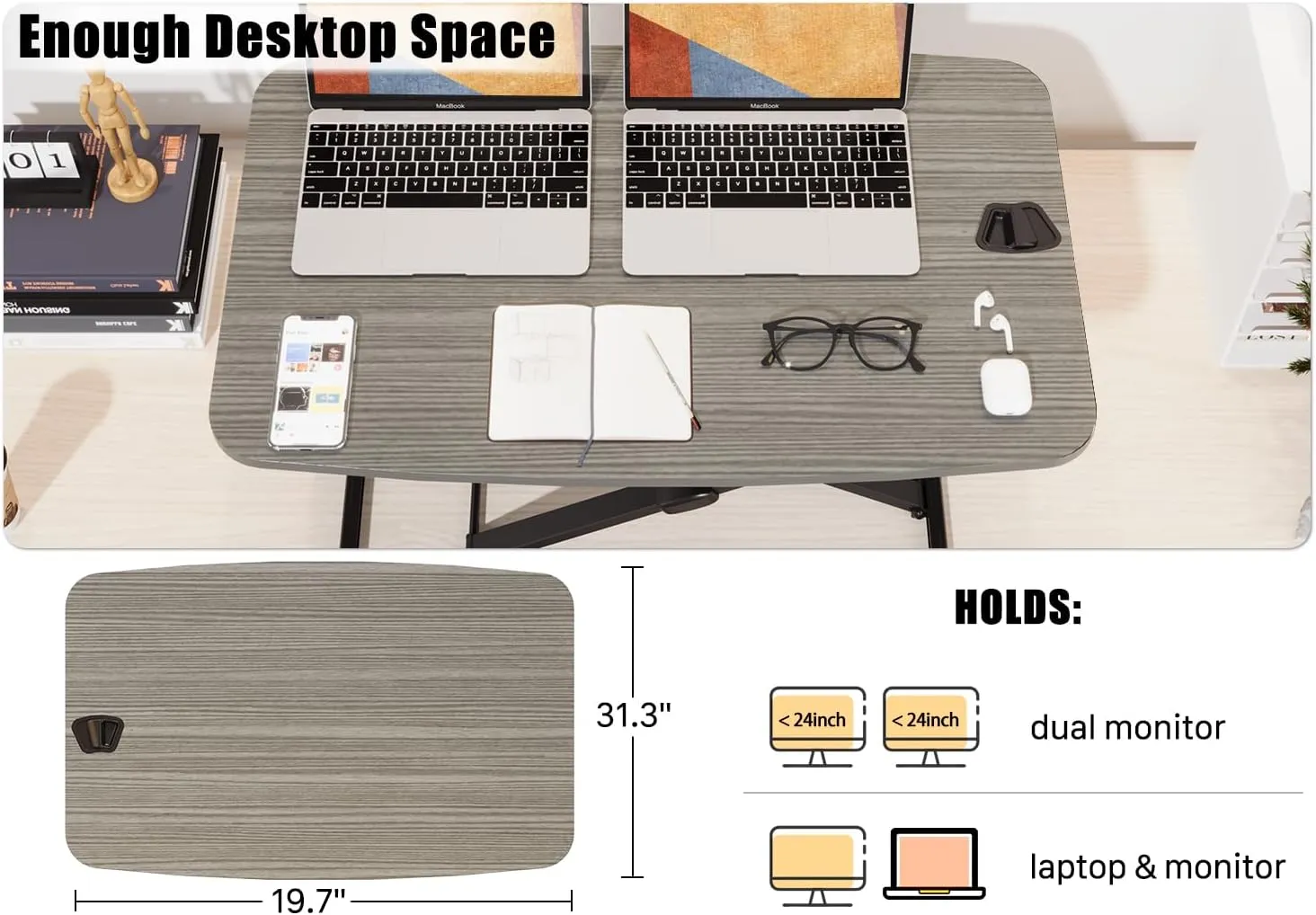 JOY worker Standing Desk Converter, 31 Inch Compact Height Adjustable Stand up Desk Riser, Ultra Low Profile Sit to Stand Desk for Laptop Riser Workstation, Grey
