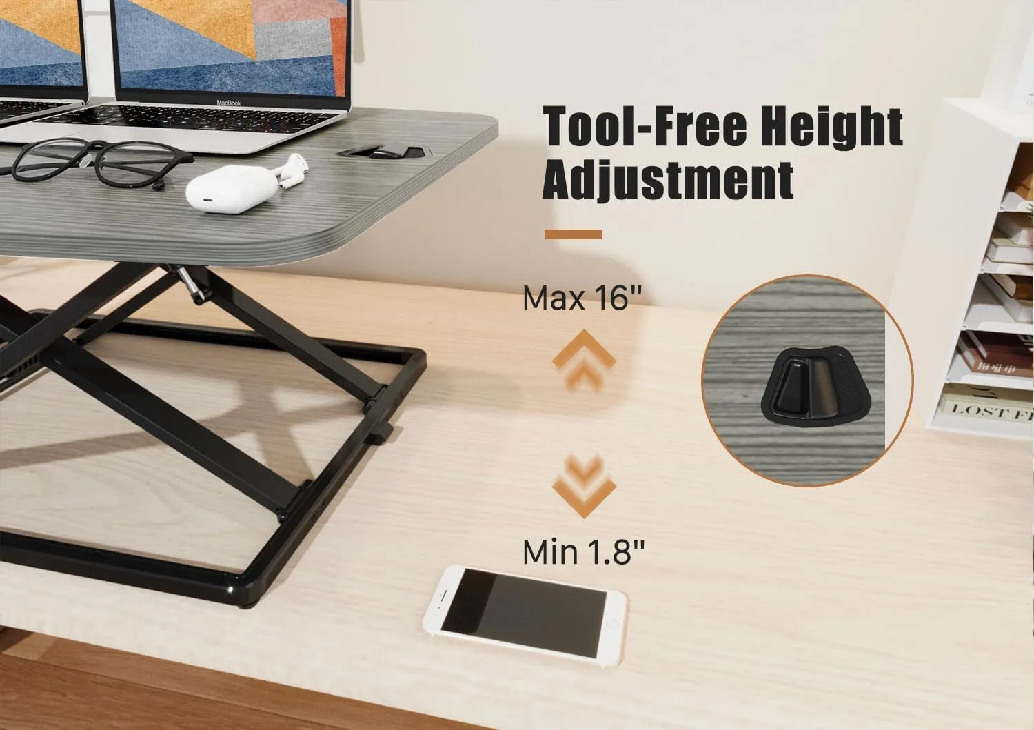 JOY worker Standing Desk Converter, 31 Inch Compact Height Adjustable Stand up Desk Riser, Ultra Low Profile Sit to Stand Desk for Laptop Riser Workstation, Grey
