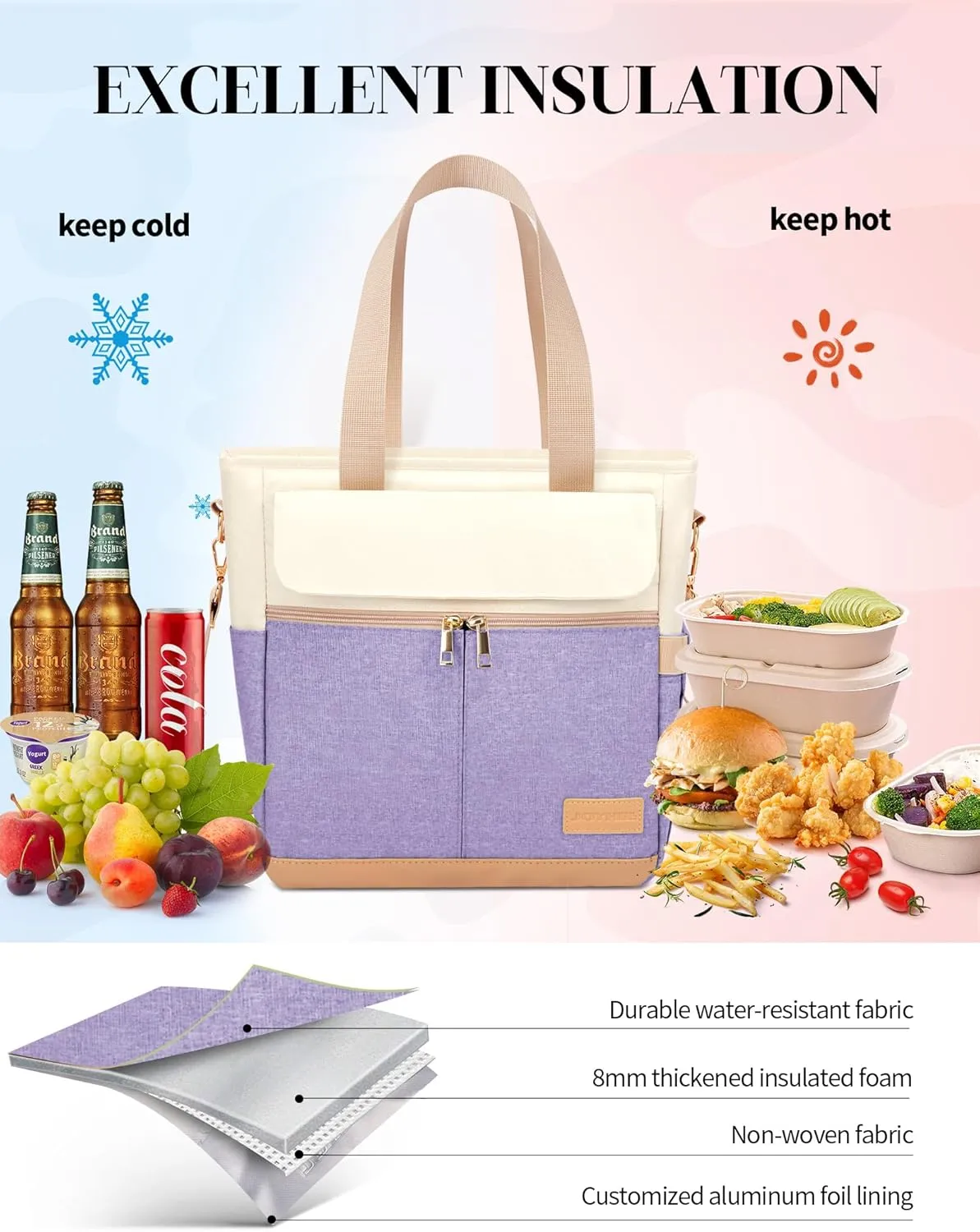 JOYHILL Lunch Bag for Women, Lunch Tote Leakproof Insulated Lunch Box with Shoulder Strap, Adult Reusable Lunch Cooler Tote Bags for Work Picnic Camping Beach (H-LIGHT PURPLE)