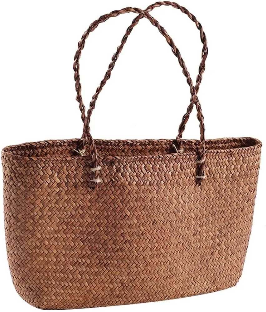 JSEIAJB Women Large Tote Bag Beach Casual Shoulder Bag Handbag Handmade Basket Storage Shopping Bag(E,Small)