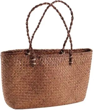 JSEIAJB Women Large Tote Bag Beach Casual Shoulder Bag Handbag Handmade Basket Storage Shopping Bag(E,Small)