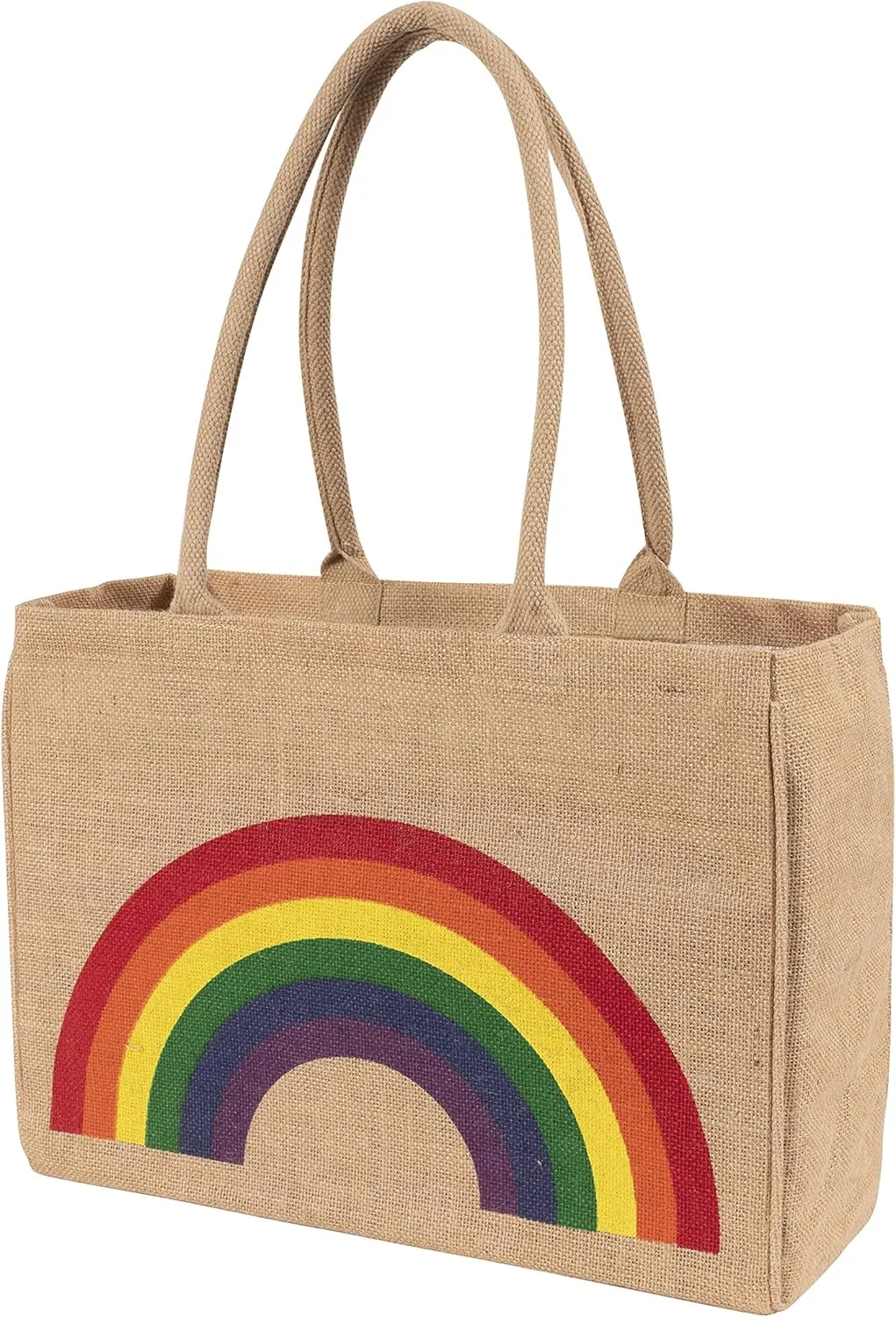 KAF Home Jute Market Tote Bag, Rainbow Print, Durable Handle, Reinforced Bottom and Interior Zipper Pocket