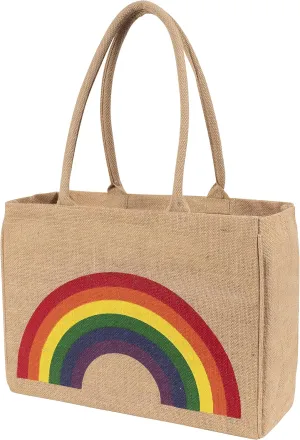 KAF Home Jute Market Tote Bag, Rainbow Print, Durable Handle, Reinforced Bottom and Interior Zipper Pocket