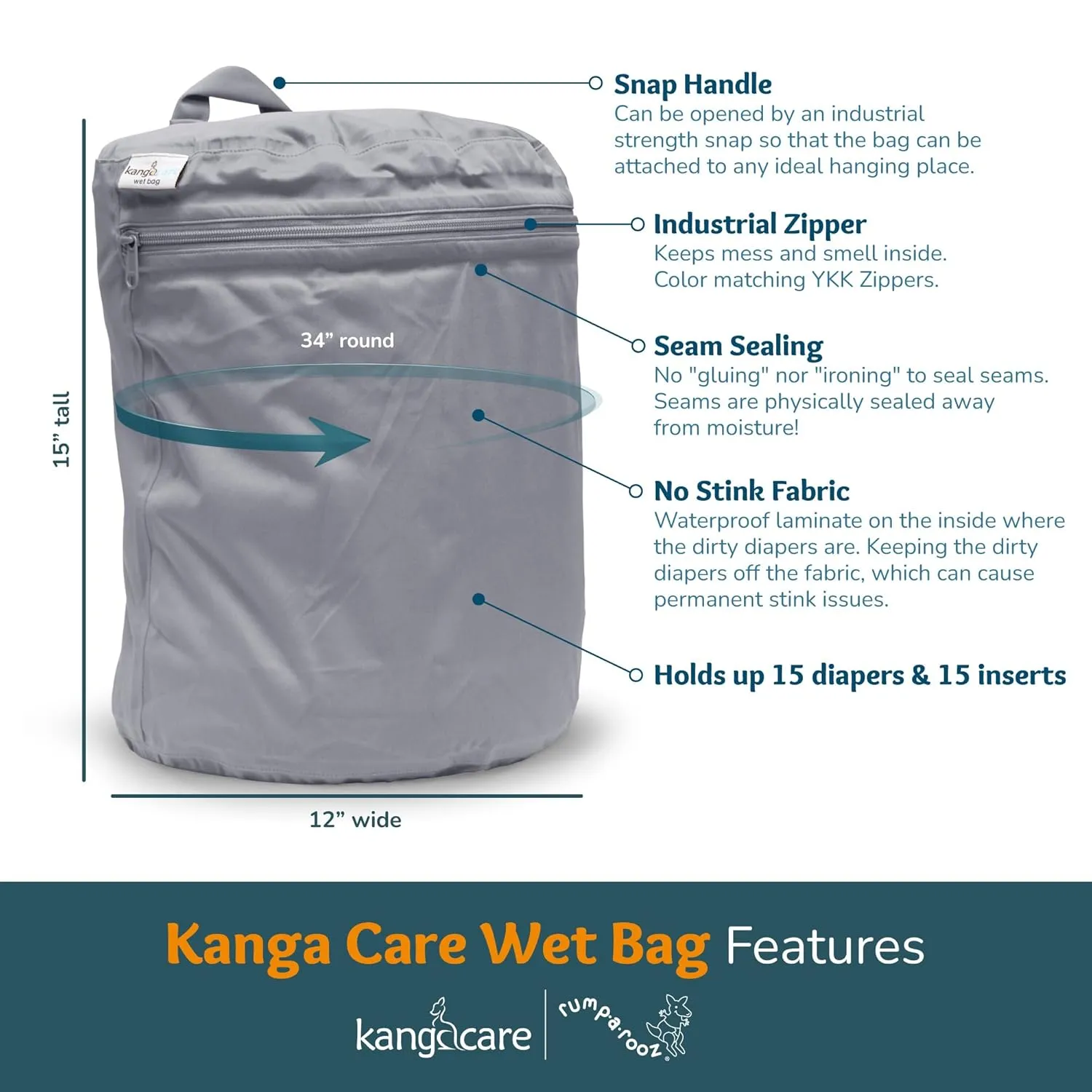 Kanga Care Wet Bag Seam Sealed Waterproof 3D Dimensional for Baby Cloth Diapers, Travel, Beach, Pool, Gym, Swim | Pine