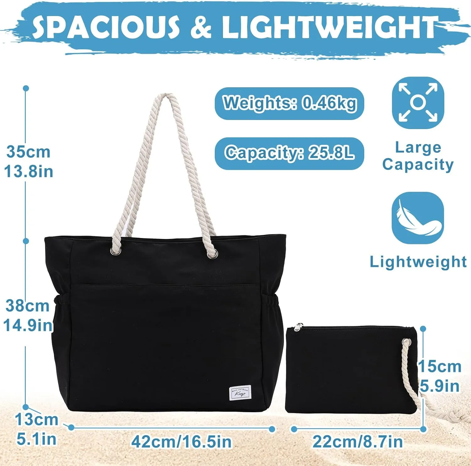 Kasqo Beach Bags for Women, Large Waterproof Beach Bag Tote Zipper Swim Pool Bag with Small Pouch for Grocery Travel Vacation
