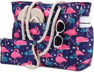 Kasqo Beach Bags for Women, Large Waterproof Beach Bag Tote Zipper Swim Pool Bag with Small Pouch for Grocery Travel Vacation