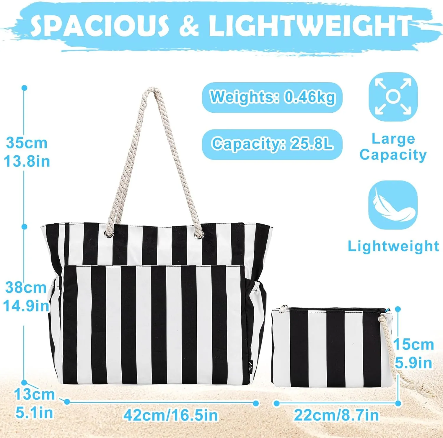 Kasqo Beach Bags for Women, Large Waterproof Beach Bag Tote Zipper Swim Pool Bag with Small Pouch for Grocery Travel Vacation