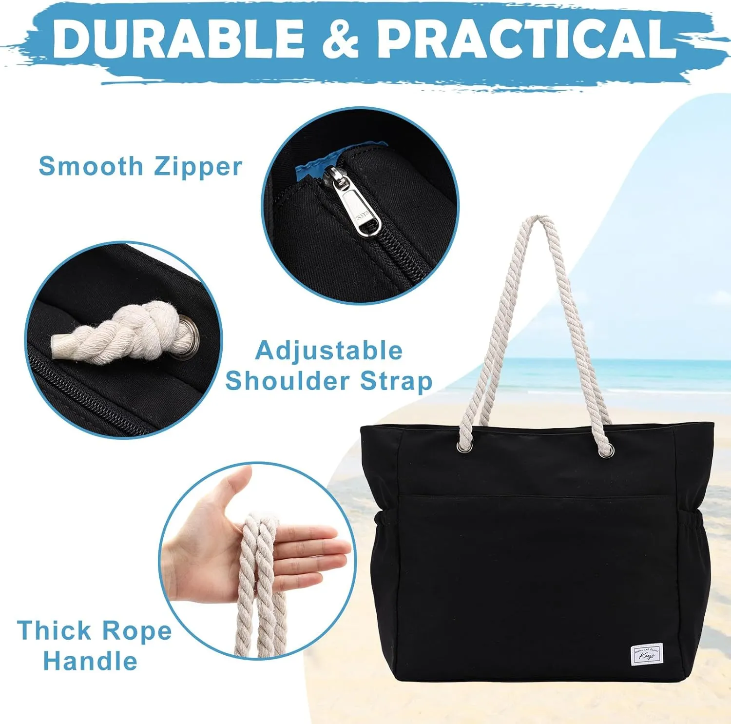 Kasqo Beach Bags for Women, Large Waterproof Beach Bag Tote Zipper Swim Pool Bag with Small Pouch for Grocery Travel Vacation