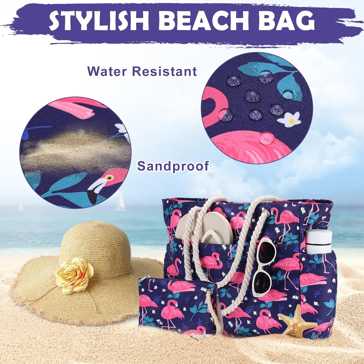 Kasqo Beach Bags for Women, Large Waterproof Beach Bag Tote Zipper Swim Pool Bag with Small Pouch for Grocery Travel Vacation