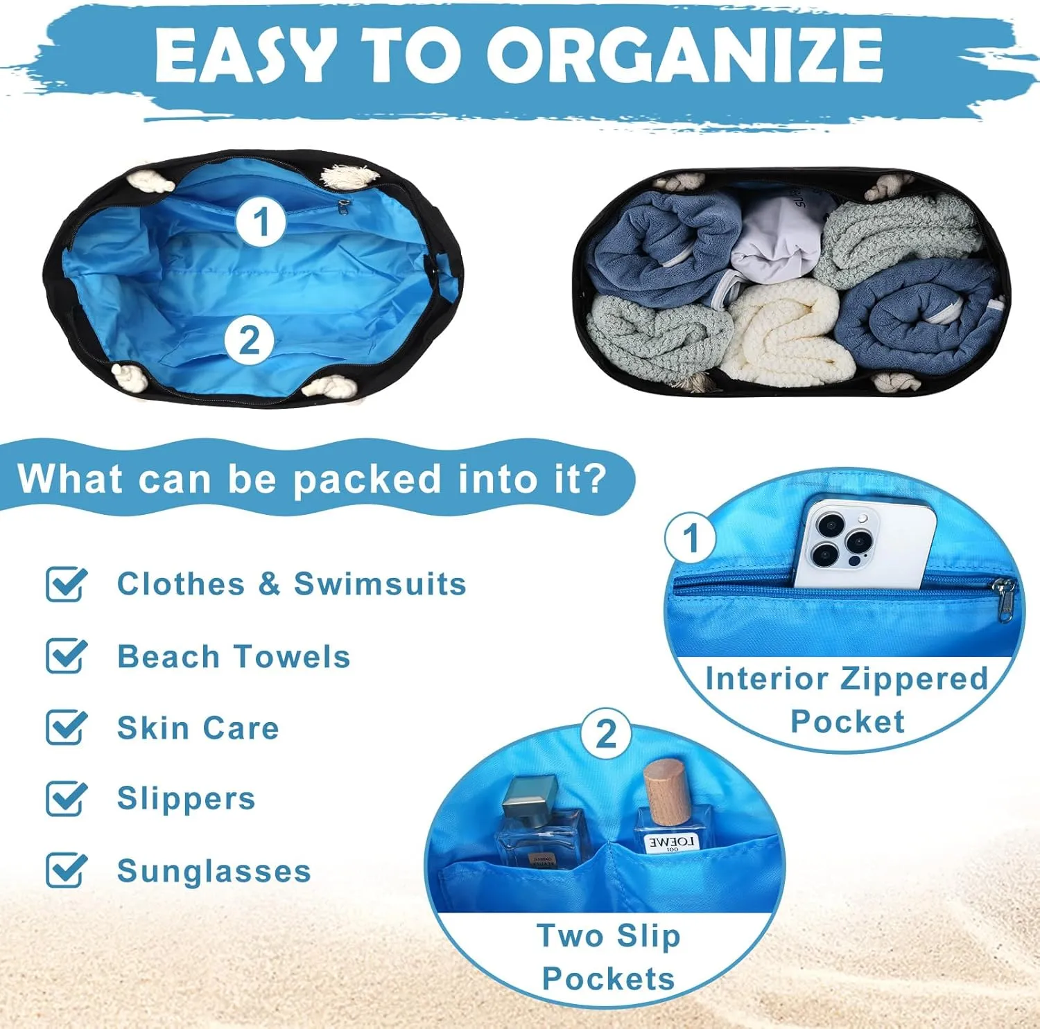 Kasqo Beach Bags for Women, Large Waterproof Beach Bag Tote Zipper Swim Pool Bag with Small Pouch for Grocery Travel Vacation