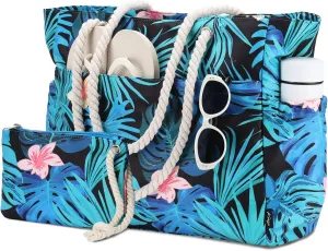Kasqo Beach Bags for Women, Large Waterproof Beach Bag Tote Zipper Swim Pool Bag with Small Pouch for Grocery Travel Vacation