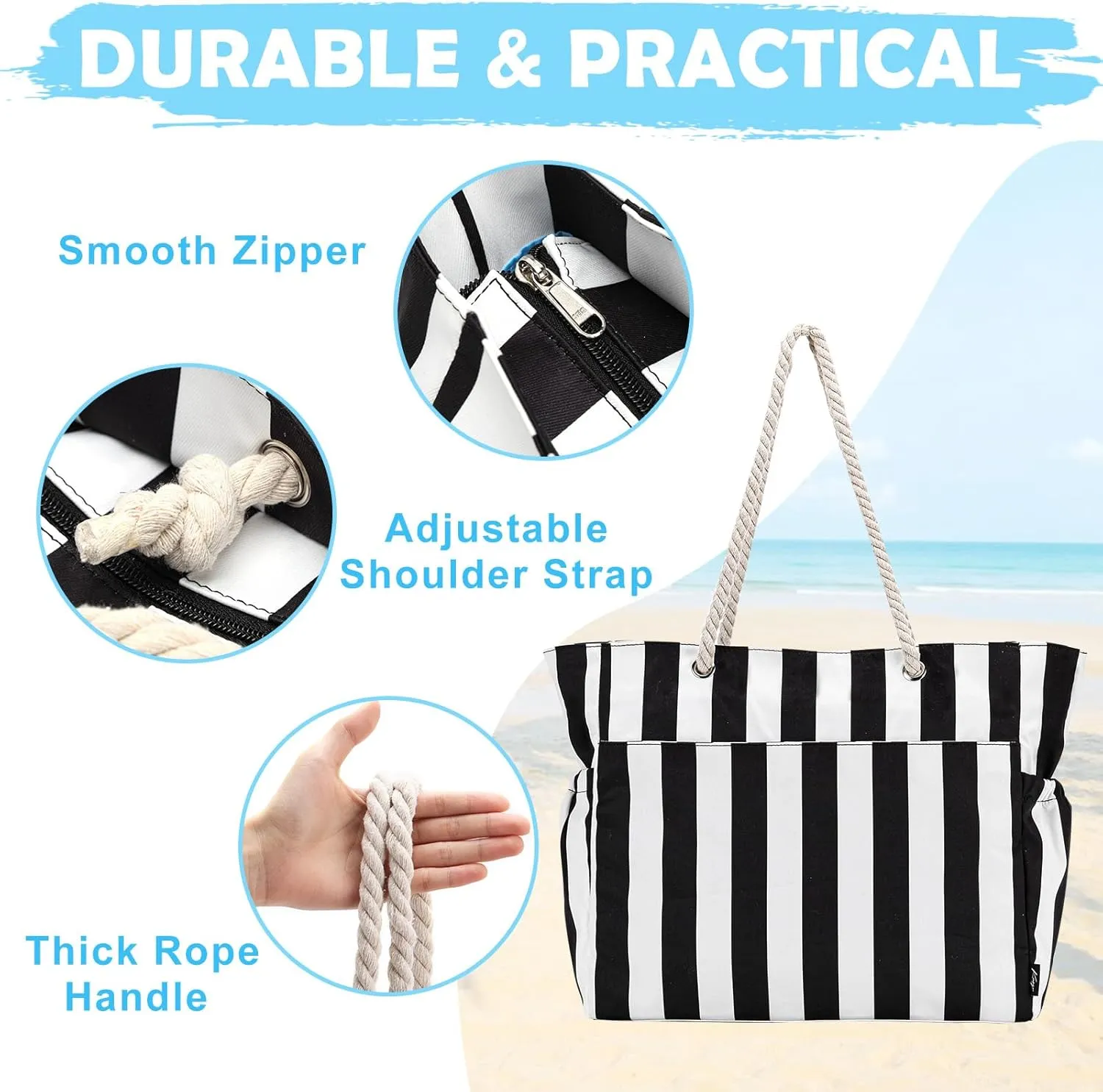 Kasqo Beach Bags for Women, Large Waterproof Beach Bag Tote Zipper Swim Pool Bag with Small Pouch for Grocery Travel Vacation