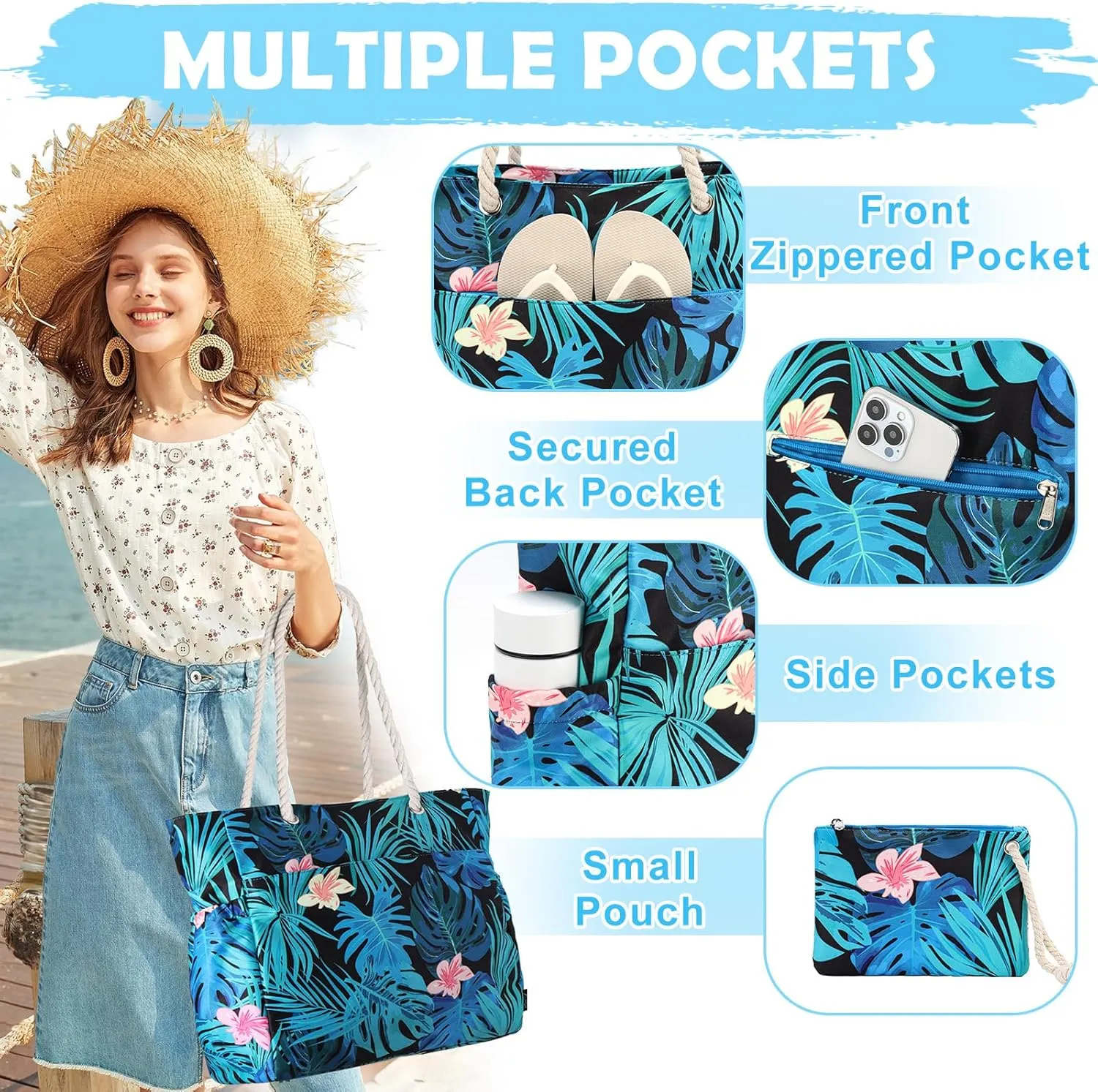Kasqo Beach Bags for Women, Large Waterproof Beach Bag Tote Zipper Swim Pool Bag with Small Pouch for Grocery Travel Vacation