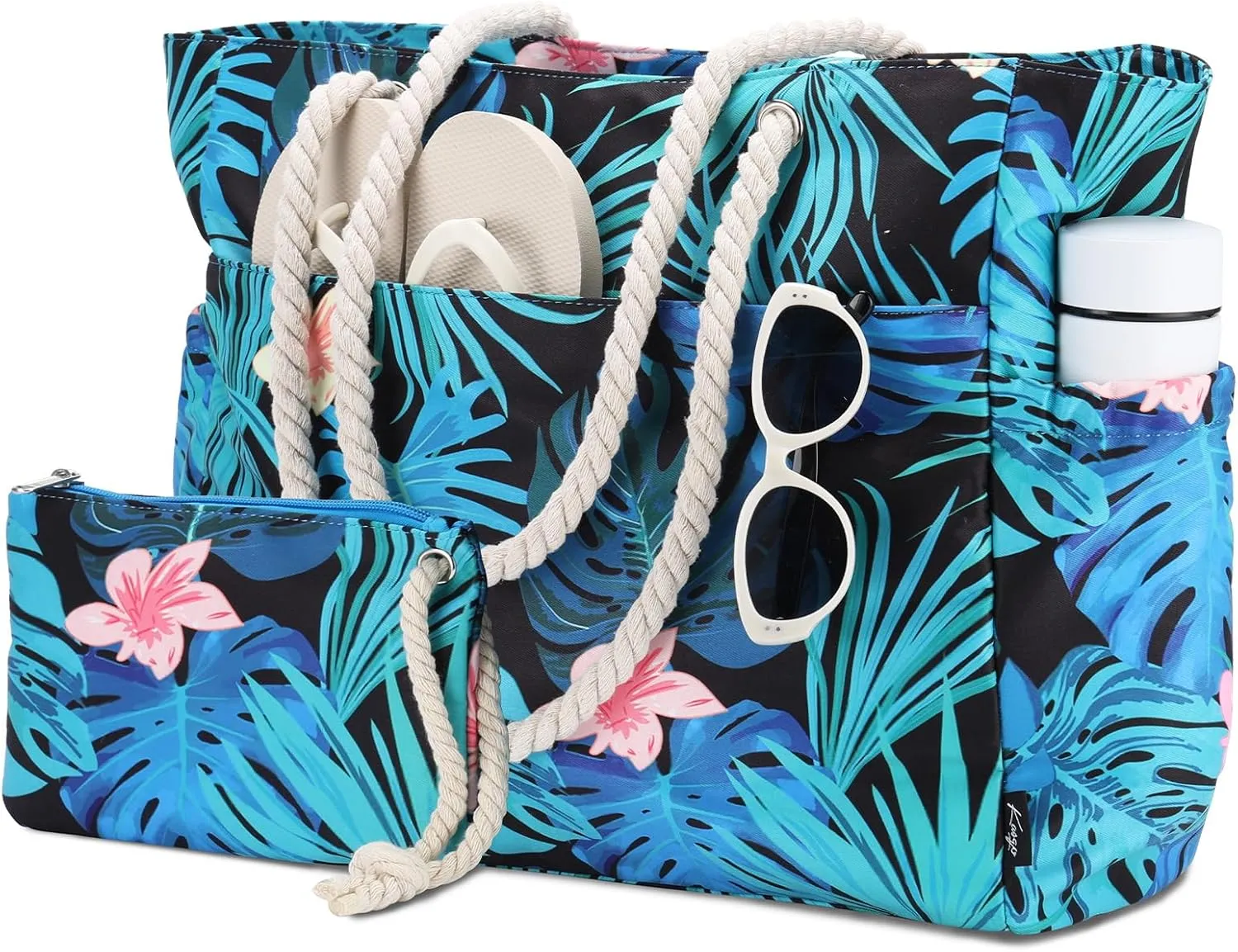 Kasqo Beach Bags for Women, Large Waterproof Beach Bag Tote Zipper Swim Pool Bag with Small Pouch for Grocery Travel Vacation