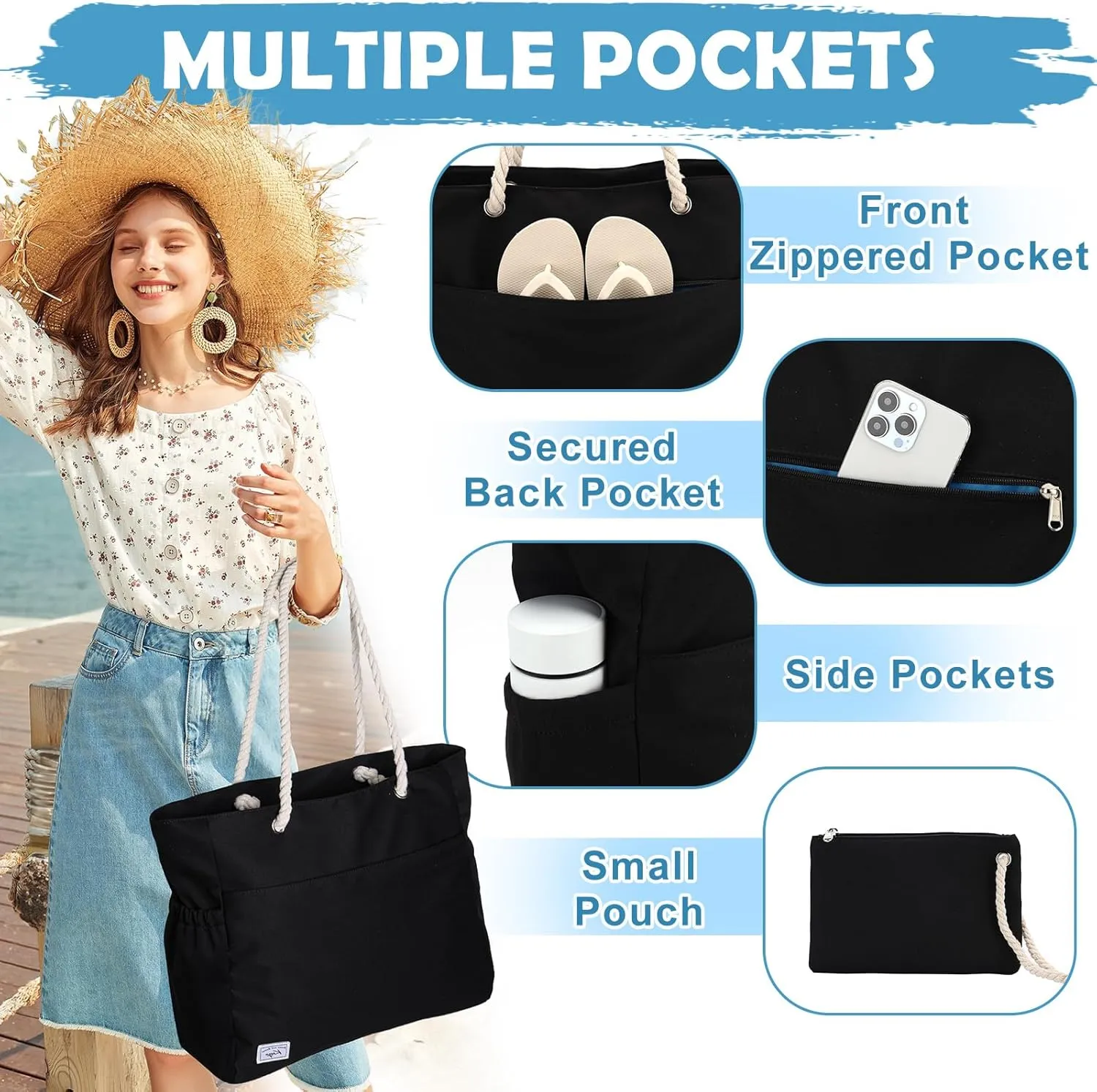 Kasqo Beach Bags for Women, Large Waterproof Beach Bag Tote Zipper Swim Pool Bag with Small Pouch for Grocery Travel Vacation