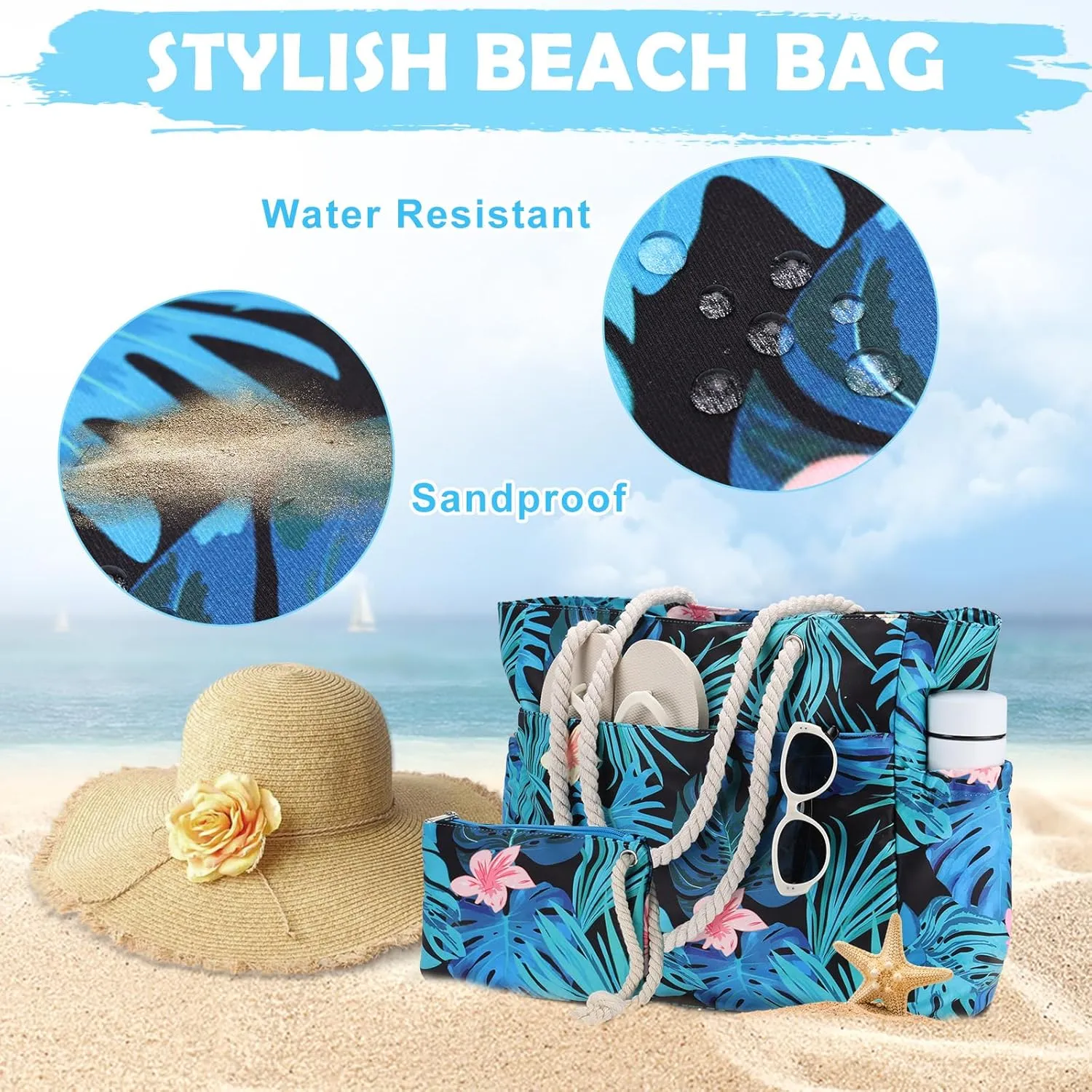Kasqo Beach Bags for Women, Large Waterproof Beach Bag Tote Zipper Swim Pool Bag with Small Pouch for Grocery Travel Vacation