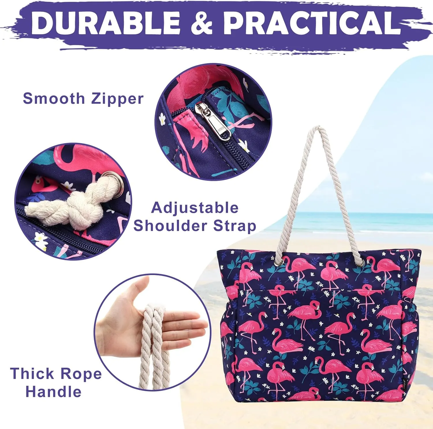 Kasqo Beach Bags for Women, Large Waterproof Beach Bag Tote Zipper Swim Pool Bag with Small Pouch for Grocery Travel Vacation