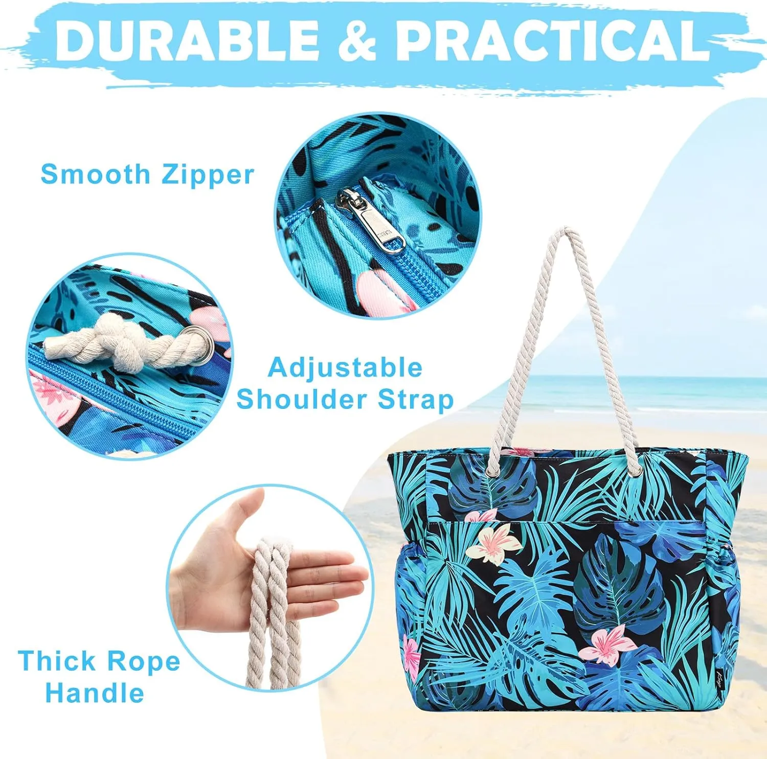 Kasqo Beach Bags for Women, Large Waterproof Beach Bag Tote Zipper Swim Pool Bag with Small Pouch for Grocery Travel Vacation