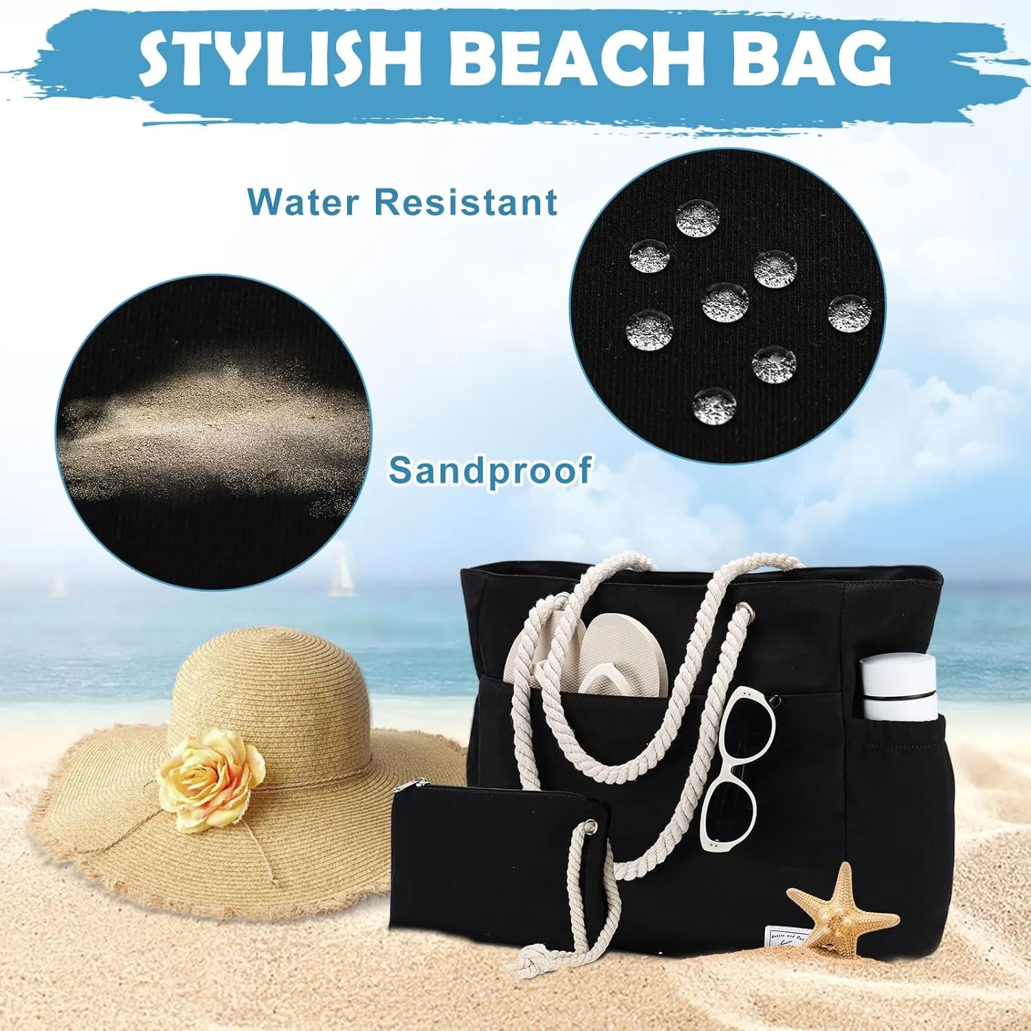 Kasqo Beach Bags for Women, Large Waterproof Beach Bag Tote Zipper Swim Pool Bag with Small Pouch for Grocery Travel Vacation