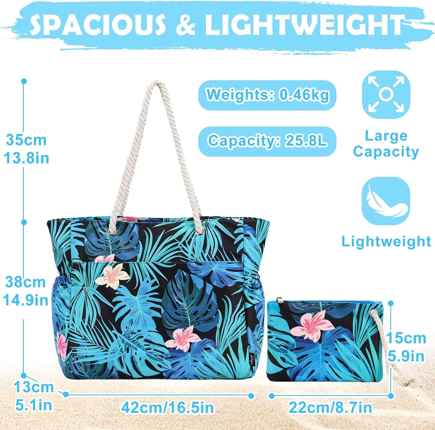 Kasqo Beach Bags for Women, Large Waterproof Beach Bag Tote Zipper Swim Pool Bag with Small Pouch for Grocery Travel Vacation