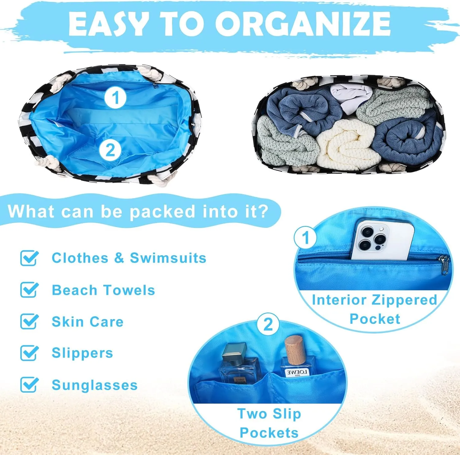 Kasqo Beach Bags for Women, Large Waterproof Beach Bag Tote Zipper Swim Pool Bag with Small Pouch for Grocery Travel Vacation