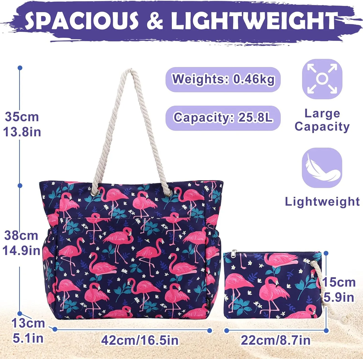 Kasqo Beach Bags for Women, Large Waterproof Beach Bag Tote Zipper Swim Pool Bag with Small Pouch for Grocery Travel Vacation