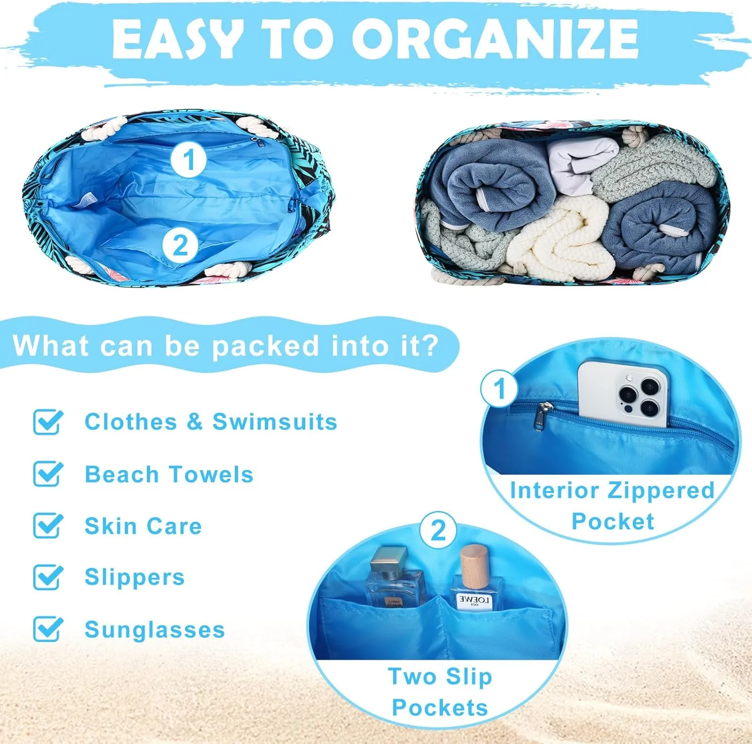 Kasqo Beach Bags for Women, Large Waterproof Beach Bag Tote Zipper Swim Pool Bag with Small Pouch for Grocery Travel Vacation