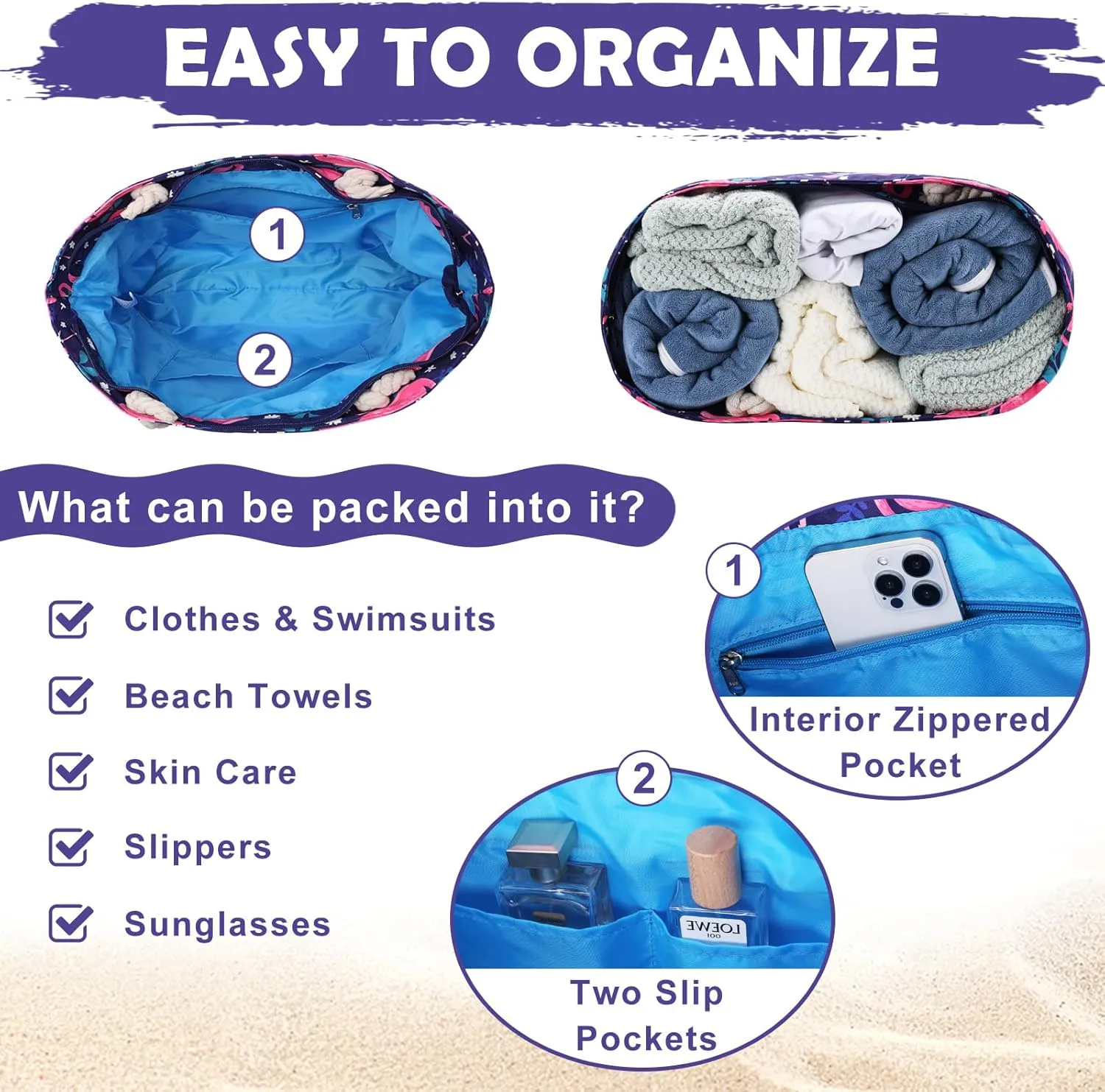 Kasqo Beach Bags for Women, Large Waterproof Beach Bag Tote Zipper Swim Pool Bag with Small Pouch for Grocery Travel Vacation