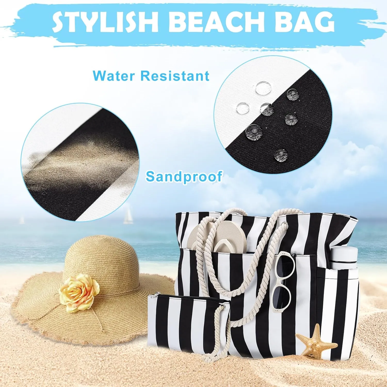 Kasqo Beach Bags for Women, Large Waterproof Beach Bag Tote Zipper Swim Pool Bag with Small Pouch for Grocery Travel Vacation