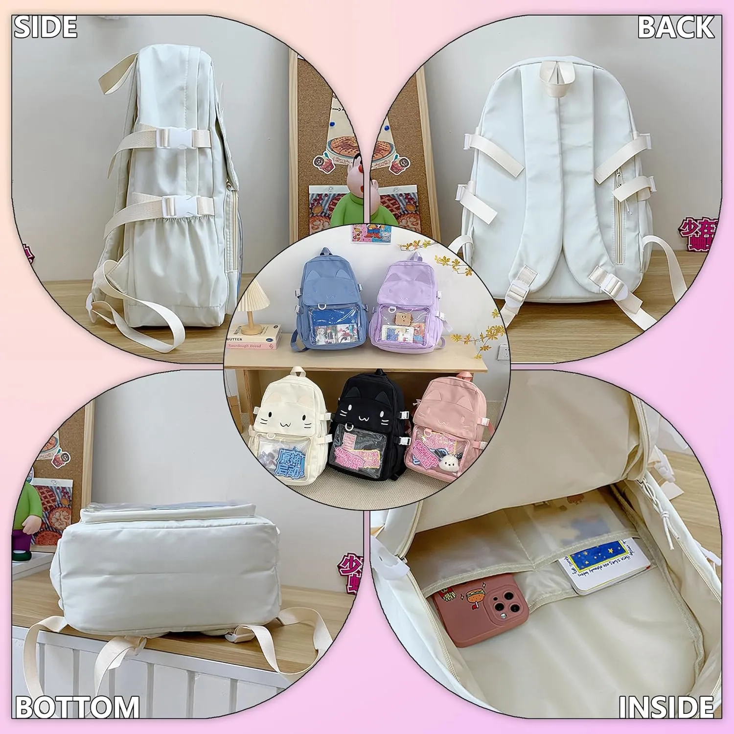 Kawaii Ita Bag with Anime Display Insert & Pin Japanese-Style Cat Emo Casual Daypack For Cosplay Travel Hiking and Daily Use (Black)