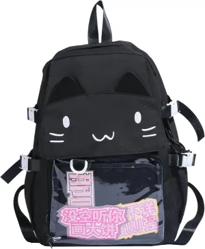 Kawaii Ita Bag with Anime Display Insert & Pin Japanese-Style Cat Emo Casual Daypack For Cosplay Travel Hiking and Daily Use (Black)