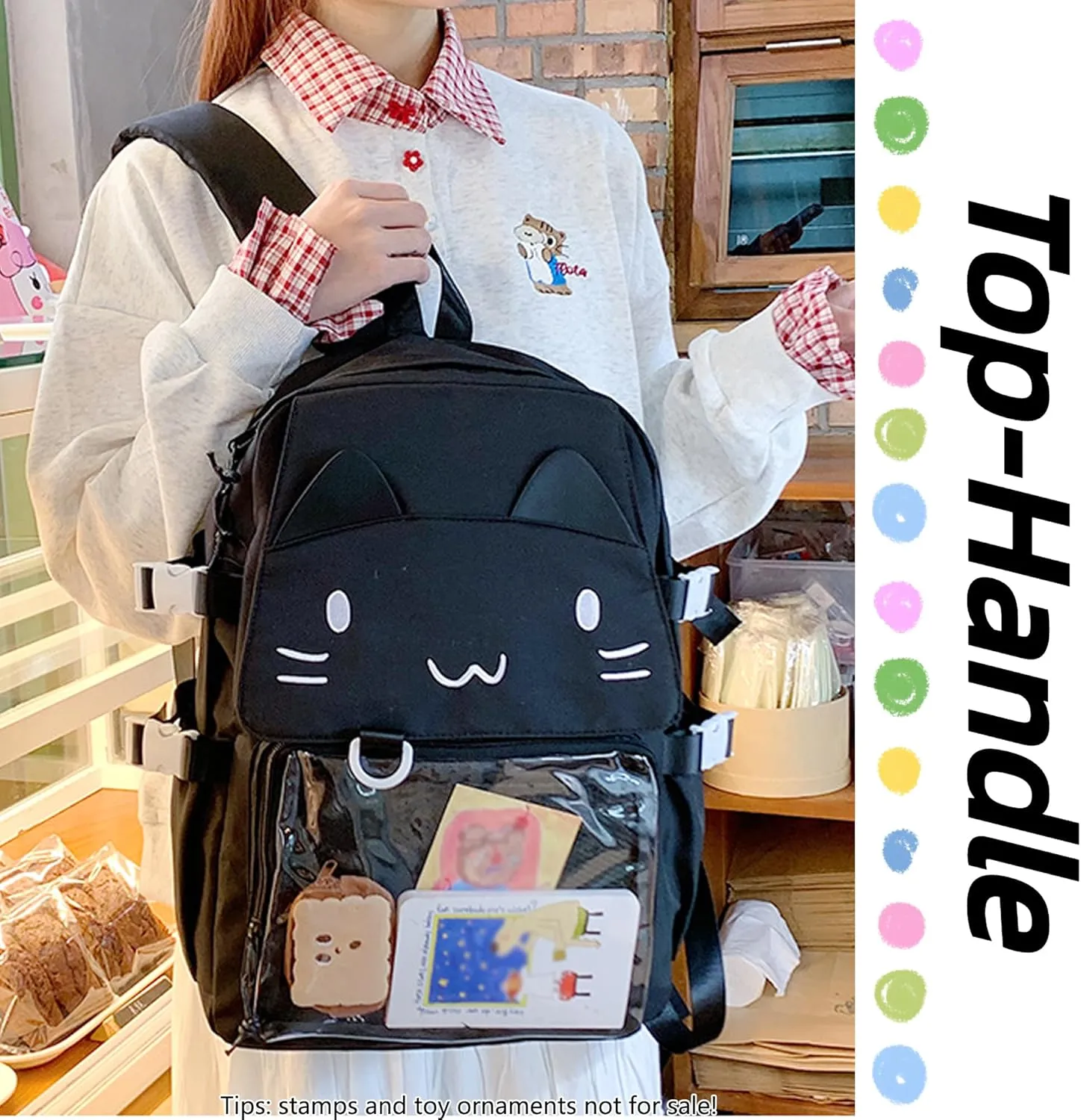 Kawaii Ita Bag with Anime Display Insert & Pin Japanese-Style Cat Emo Casual Daypack For Cosplay Travel Hiking and Daily Use (Black)