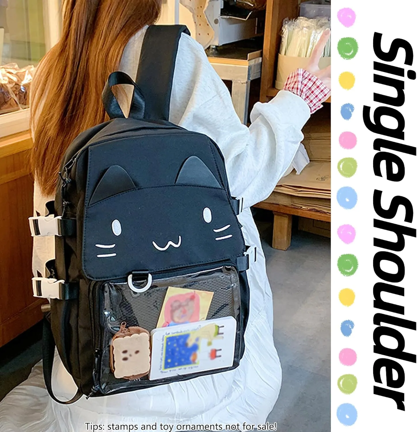 Kawaii Ita Bag with Anime Display Insert & Pin Japanese-Style Cat Emo Casual Daypack For Cosplay Travel Hiking and Daily Use (Black)