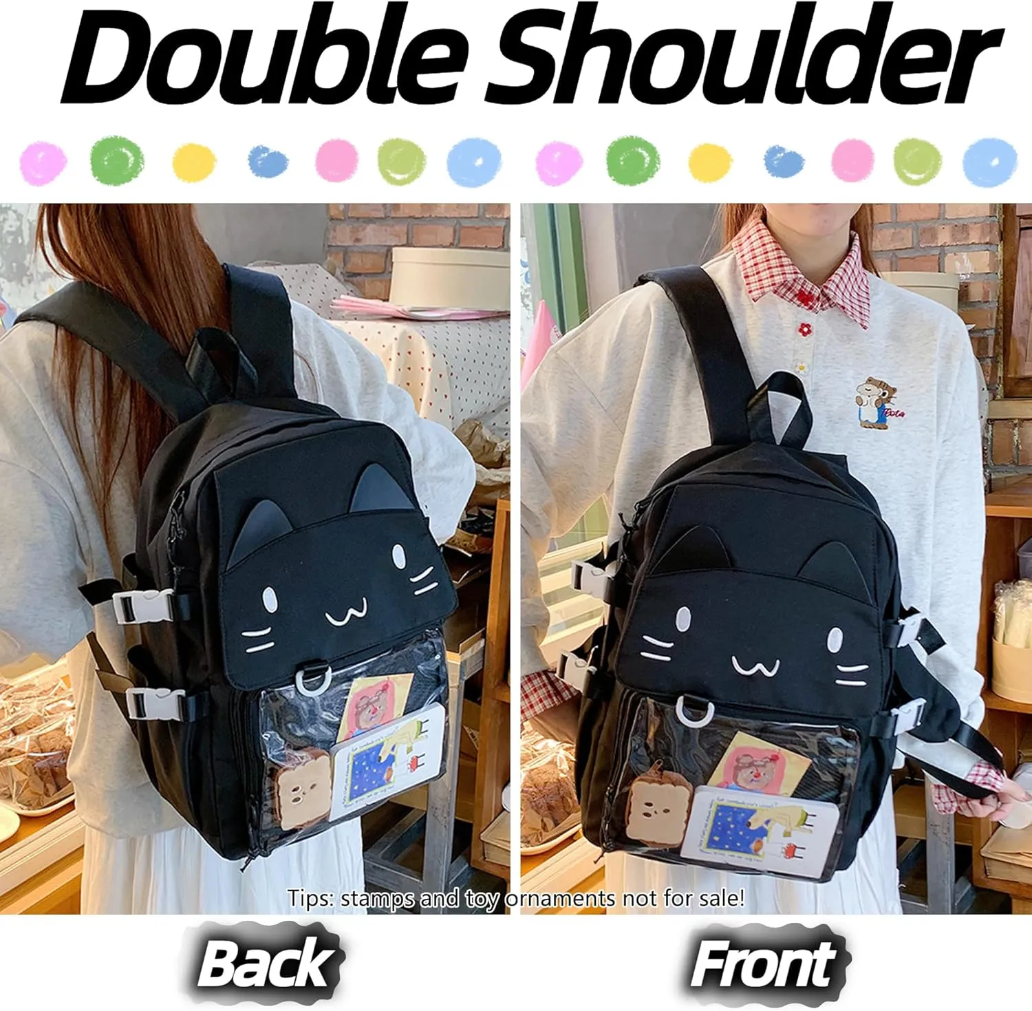 Kawaii Ita Bag with Anime Display Insert & Pin Japanese-Style Cat Emo Casual Daypack For Cosplay Travel Hiking and Daily Use (Black)