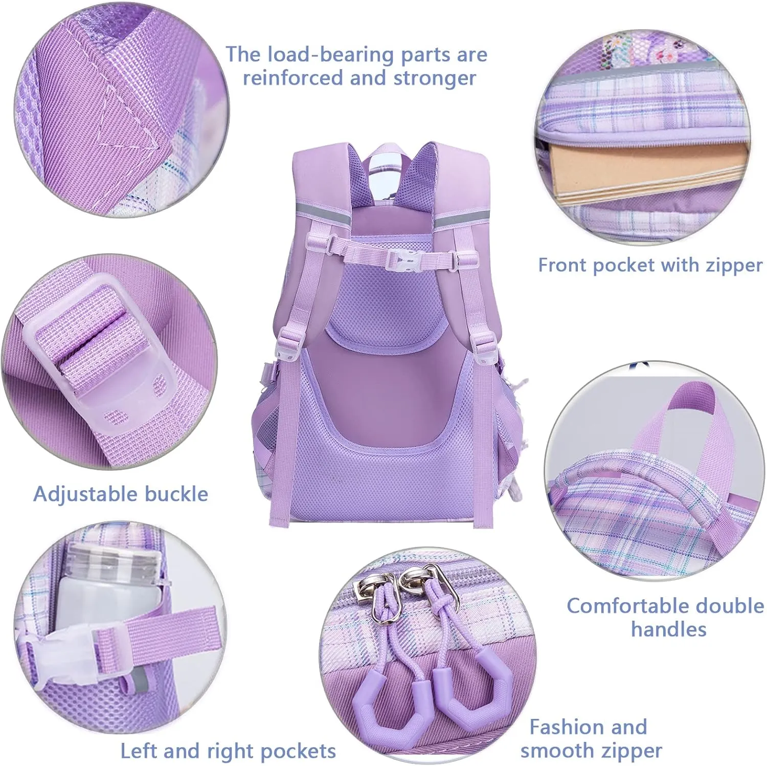 KEBEIXUAN Cute Backpack for School Girls, Multi-Pockets Kids Backpack Large Capacity Bookbag for Girls Age 6-12 (purple tote)