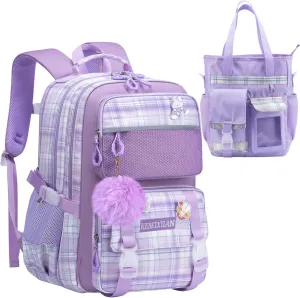 KEBEIXUAN Cute Backpack for School Girls, Multi-Pockets Kids Backpack Large Capacity Bookbag for Girls Age 6-12 (purple tote)