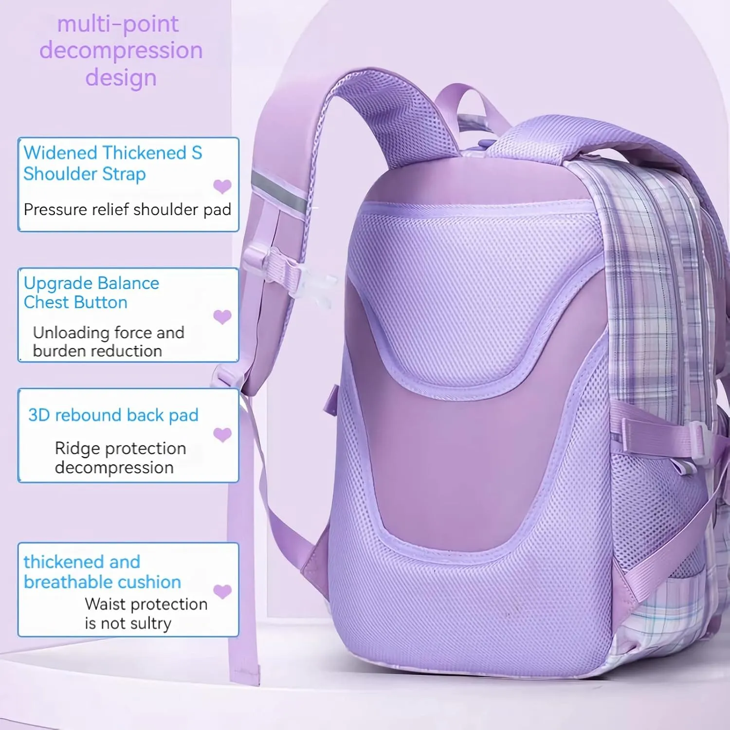 KEBEIXUAN Cute Backpack for School Girls, Multi-Pockets Kids Backpack Large Capacity Bookbag for Girls Age 6-12 (purple tote)