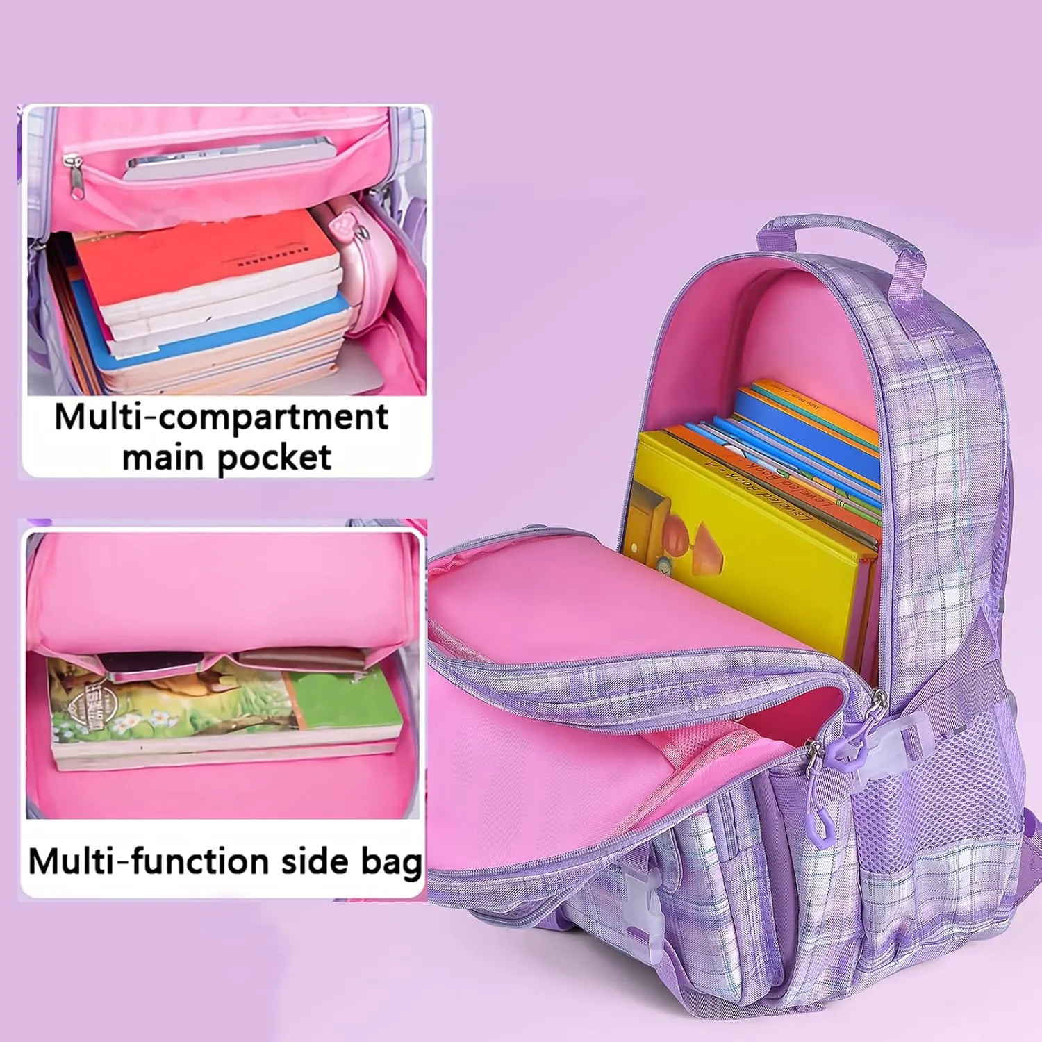 KEBEIXUAN Cute Backpack for School Girls, Multi-Pockets Kids Backpack Large Capacity Bookbag for Girls Age 6-12 (purple tote)