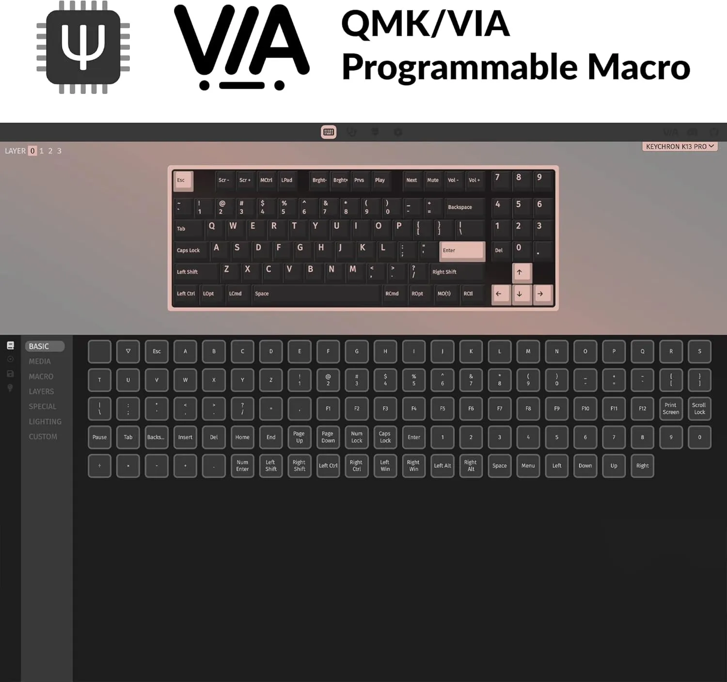 keychron K13 Pro Ultra-Slim QMK/VIA Wireless Mechanical Keyboard TKL Layout with Numpad Custom Programmable RGB with Hot-swappable Low-Profile Gateron Brown Switch Compatible with Mac Windows Linux