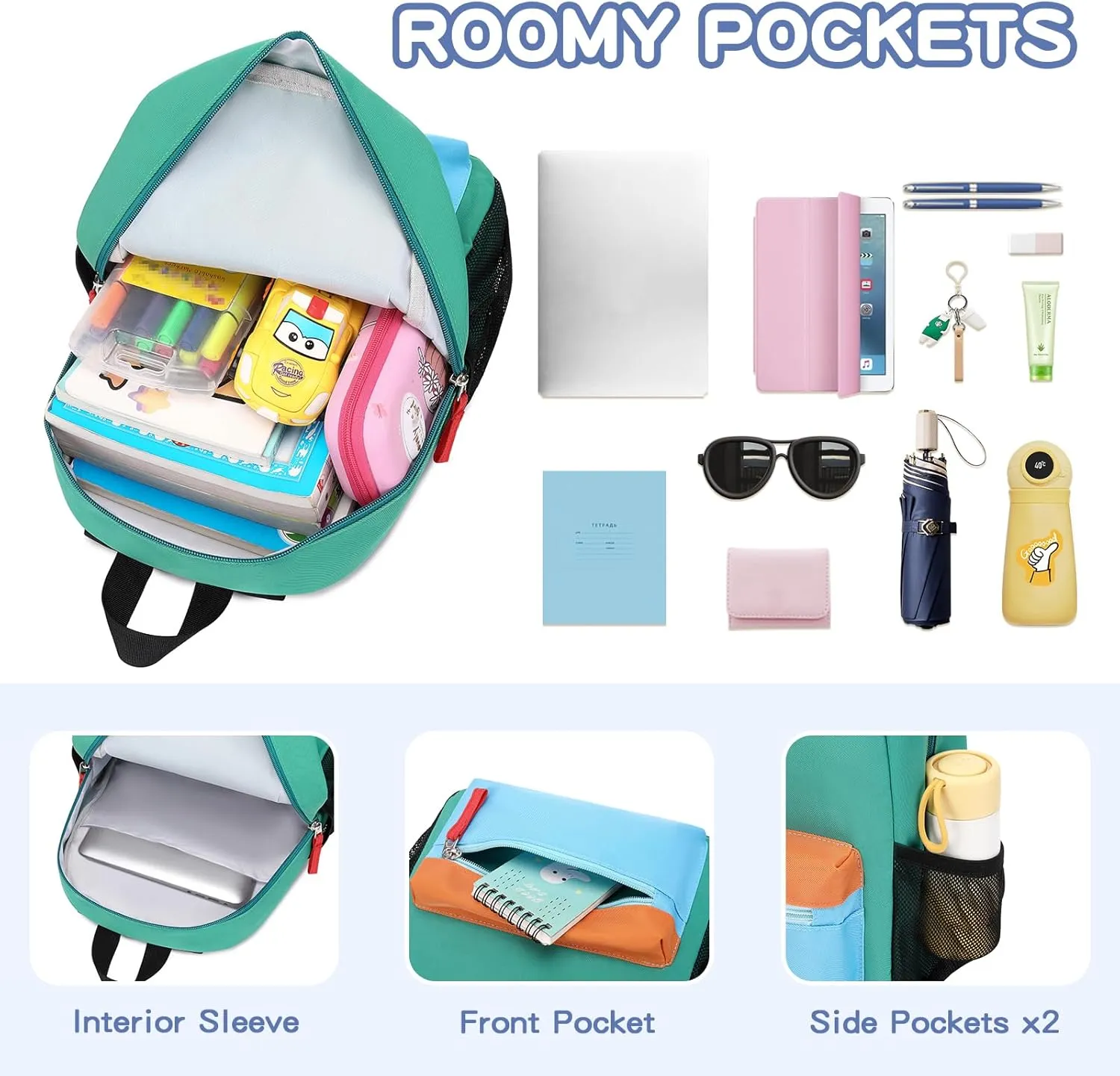 Kids Backpack, 16'' Lightweight School Backpack for Boys Girls,Casual Bookbag for Primary Elementary Middle School,Age 5-14,Lake Green and Blue,Large Size