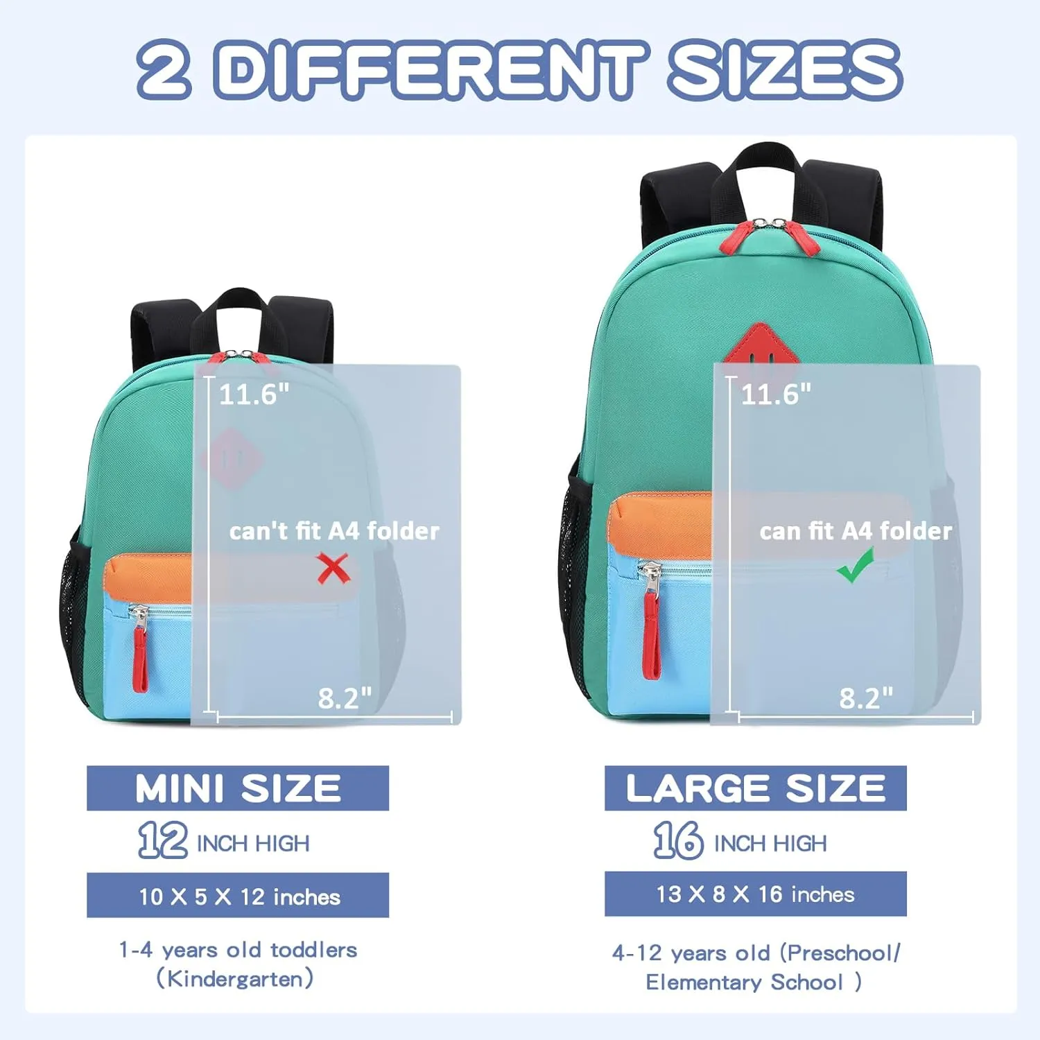 Kids Backpack, 16'' Lightweight School Backpack for Boys Girls,Casual Bookbag for Primary Elementary Middle School,Age 5-14,Lake Green and Blue,Large Size